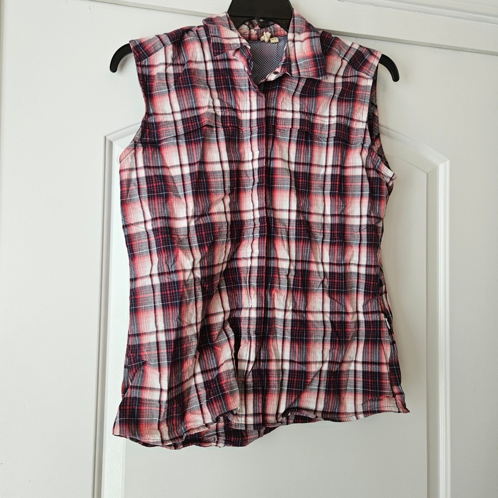 Dakini Vest Boyfriend Shirt Women Medium Red White Blue Plaid Vented Fishing - Picture 2 of 7